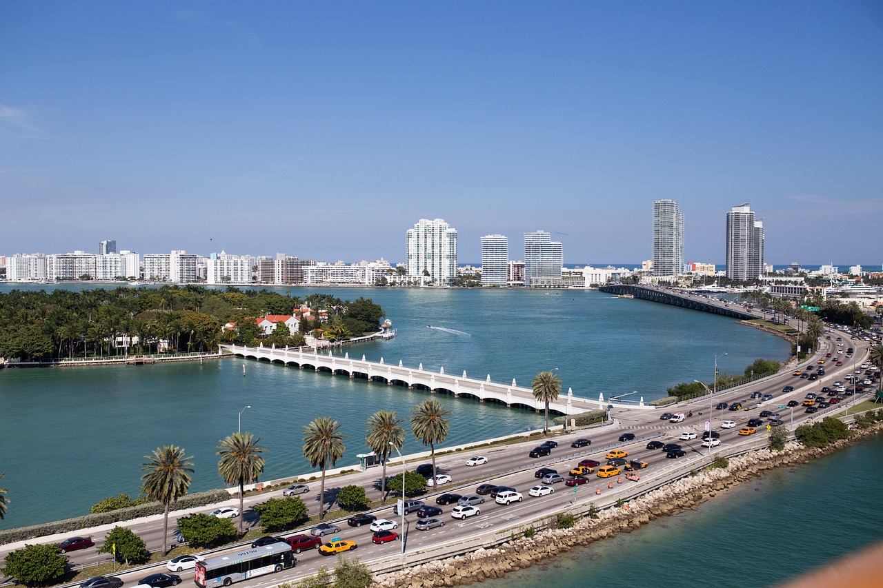 Miami causeway traffic with skyline