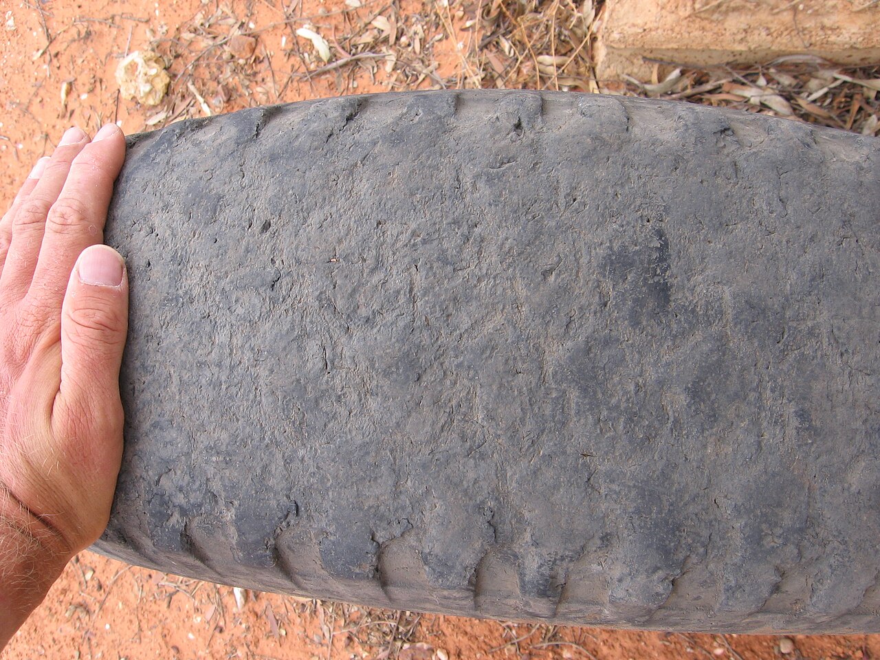 A bald tire with the center tread worn smooth -- classic overinflation center wear