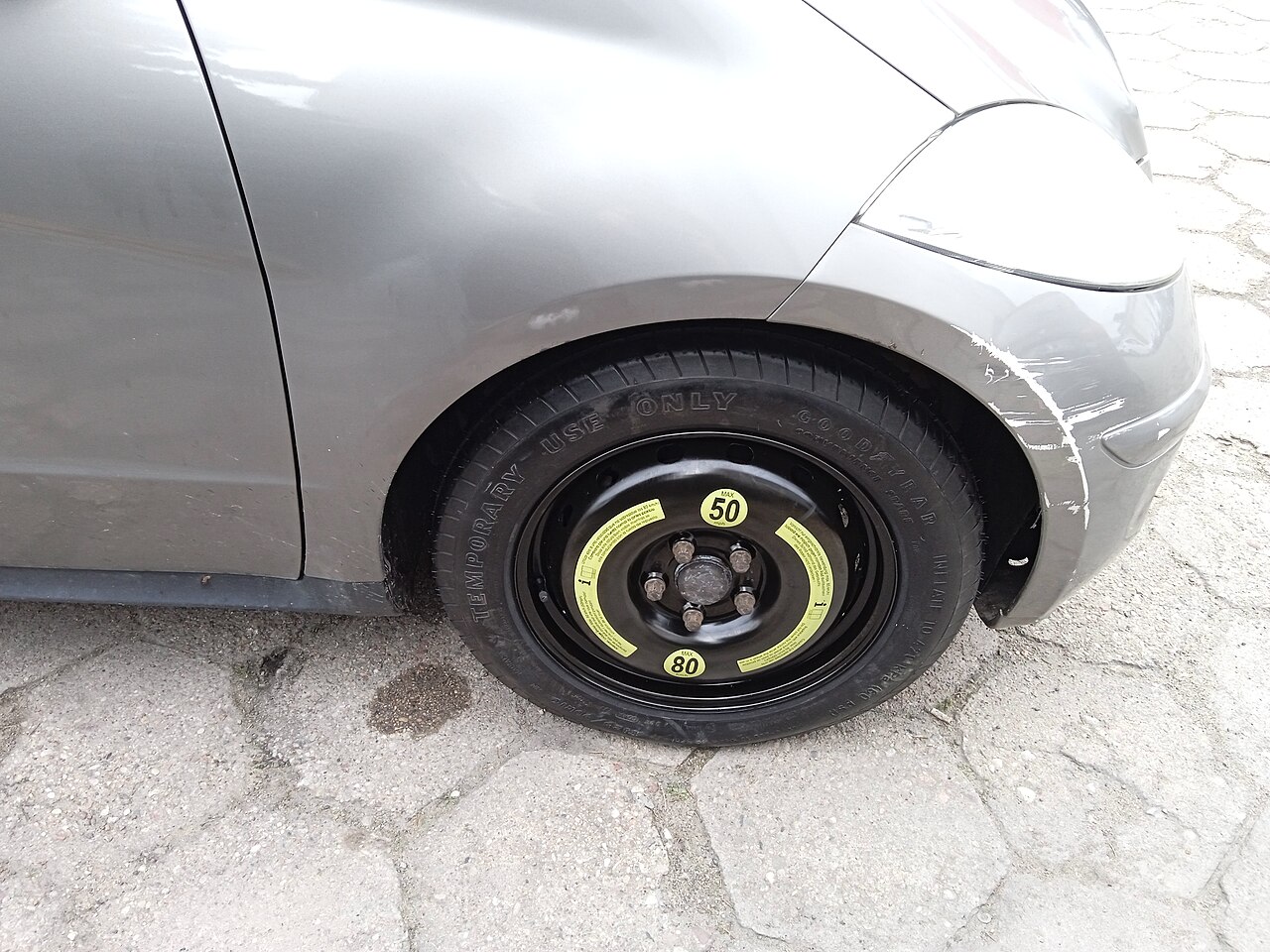 Compact donut spare tire mounted on a car