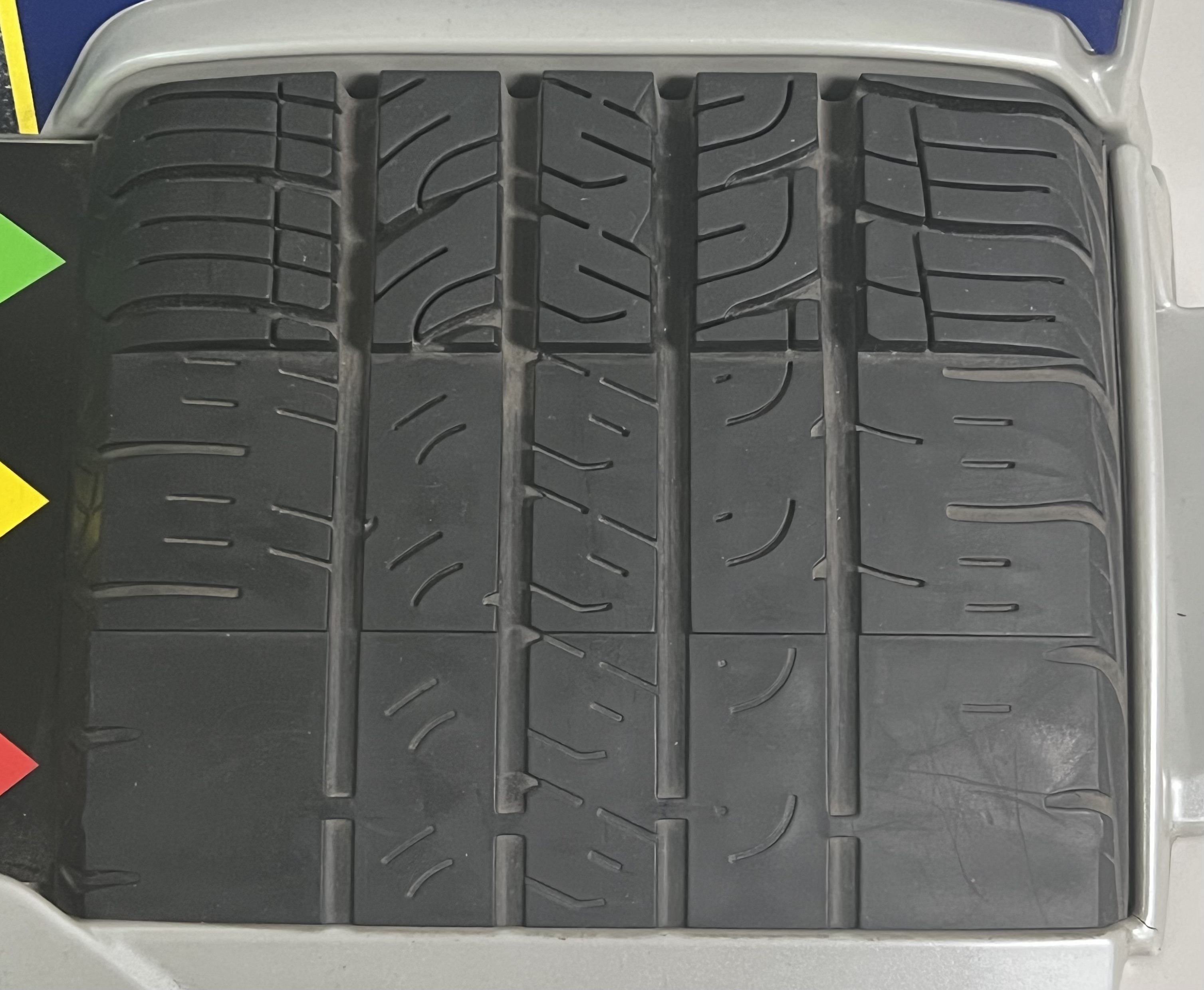 Close-up of tire tread showing wear